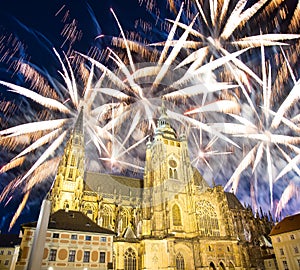St. Vitus Cathedral Roman Catholic cathedral and holiday fireworks -- Prague Castle and Hradcany, Czech Republic