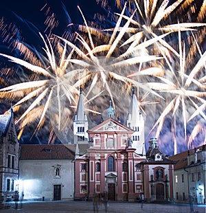 St. Vitus Cathedral Roman Catholic cathedral and holiday fireworks -- Prague Castle and Hradcany, Czech Republic