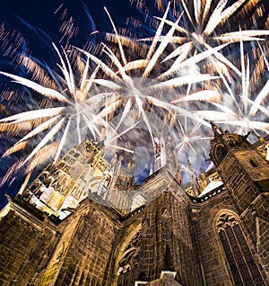 St. Vitus Cathedral Roman Catholic cathedral and holiday fireworks -- Prague Castle and Hradcany, Czech Republic
