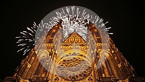 St. Vitus Cathedral Roman Catholic cathedral and holiday fireworks -- Prague Castle and Hradcany, Czech Republic