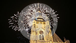 St. Vitus Cathedral Roman Catholic cathedral and holiday fireworks -- Prague Castle and Hradcany, Czech Republic