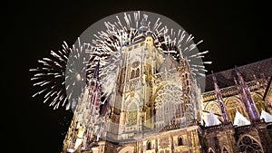 St. Vitus Cathedral Roman Catholic cathedral and holiday fireworks -- Prague Castle and Hradcany, Czech Republic