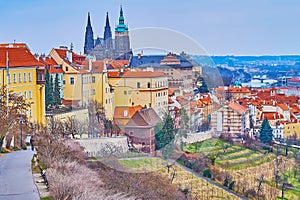 St Vitus Cathedral towers and roofs of Hradcany, Prague, Czech Republic