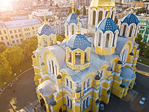 St Volodymyr`s Cathedral Kyiv Kiev Ukrain landmarks. Top vie from drone aerial photo. Famouse tourist places