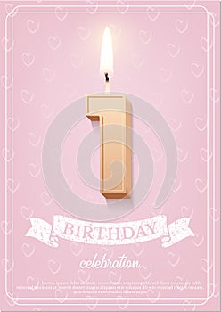 1st year, first anniversary event celebration, birthday greeting card for baby, 3d candle