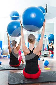 Stability ball in women Pilates class rear view