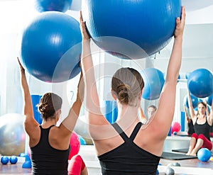 Stability ball in women Pilates class rear view photo