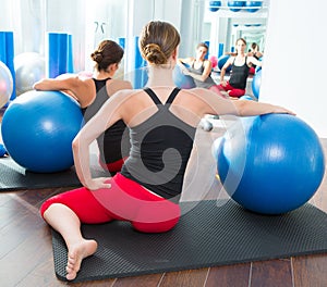 Stability ball in women Pilates class rear view