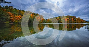 Stable 4K Timelapse of the autumn landscape with lake