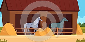 Stable for horse. Care for domestic animal strong horses eating equestrian equipment concept vector cartoon background photo