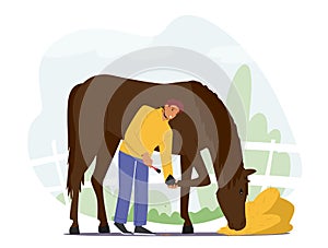 Stableman Male Characters Care of Purebred Horse Cleaning Hooves with Brush Prepare Stallion for Equestrian Contest