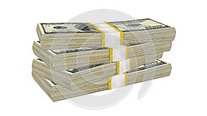 Stack of 100 Dollars banknote bill USA money banknote on a white background.