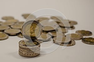 stack of 2 euro coins close up