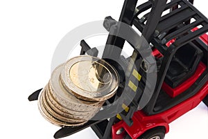 Stack of 2 Euro coins on forklift