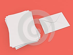 Stack of A4 paper and envelope on red background.