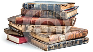 Stack of aged books on white surface