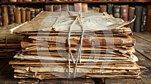 A stack of ancient mcripts and parchments tied together with twine waiting to be sorted and cataloged by a book