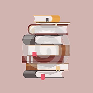 Stack of antique books with hardcovers and bookmarks isolated on light background. Pile of literary works with colorful photo