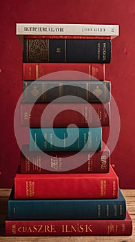 Stack of Antique Books on Red Background
