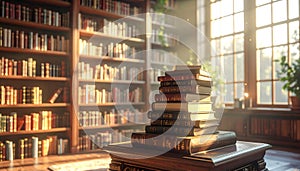 Stack of Old Books in a Library