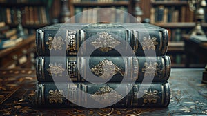 Stack of antique books in vintage library - generative ai