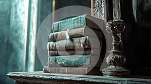 Stack of antique books on wooden surface