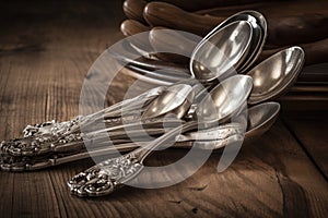 stack of antique silver spoons on wooden board