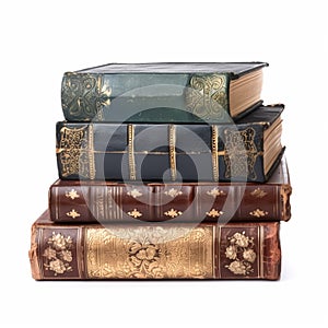 Stack of antique vintage old books isolated on white background, reading in old library and education, generative ai