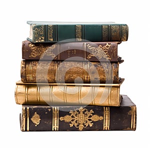 Stack of antique vintage old books isolated on white background, reading in old library and education, generative ai