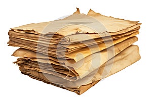 Stack of antique weathered parchment papers isolated on white.