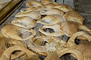 Stack of arabic bread kaek in a bakery