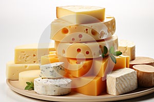 Stack of assorted cheese on a wooden board on white background