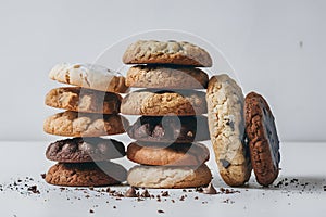 Stack of assorted cookies with chocolate chips, crumbs on plain white background