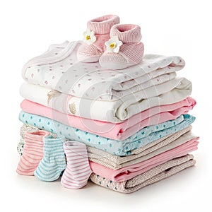 Stack of baby clothes isolated on white background