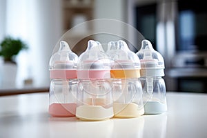 a stack of baby feeding bottles on the kitchen counter