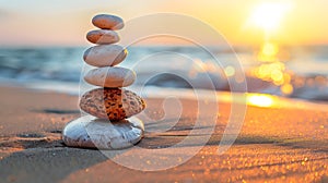 A stack of balanced stones on the ocean beach at sunset. Meditation and spa concept.