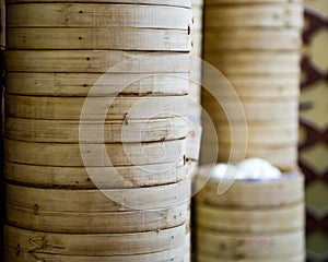 Stack of bamboo rice steamers