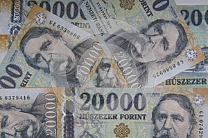 Stack of banknotes as background Hungarian Forint 20000 forint banknotes Ferenc Deak close up as a background.