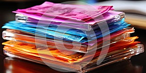 A stack of banknotes of various denominations lies on the table, creating the impression of finan photo