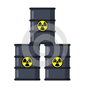 Stack of Barrel of radioactive fuel. Dangerous object. Problems of ecology
