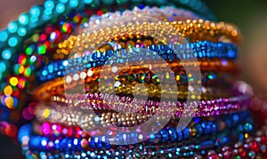 A stack of beaded bracelets in vibrant colors