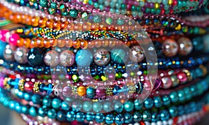 A stack of beaded bracelets in vibrant colors