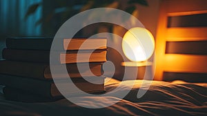 Stack of bedtime storybooks next to nightlight.