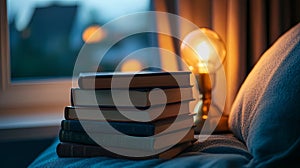 Stack of bedtime storybooks next to nightlight.