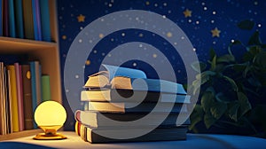 Stack of bedtime storybooks next to nightlight.