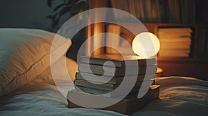 Stack of bedtime storybooks next to nightlight.