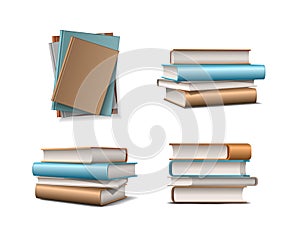 Stack of beige and blue pastel books. Books various colors isolated on white