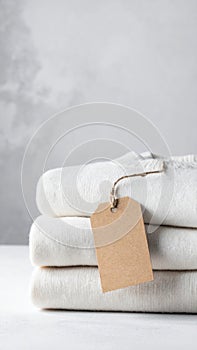 Stack of Beige Knit Sweaters with Kraft Tag