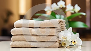 Stack of beige towels with a bouquet of flowers