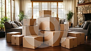 stack of big boxes in the almost empty living room, house moving concept